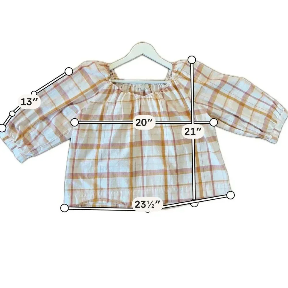 Loft puff sleeve gingham orange blouse M petite